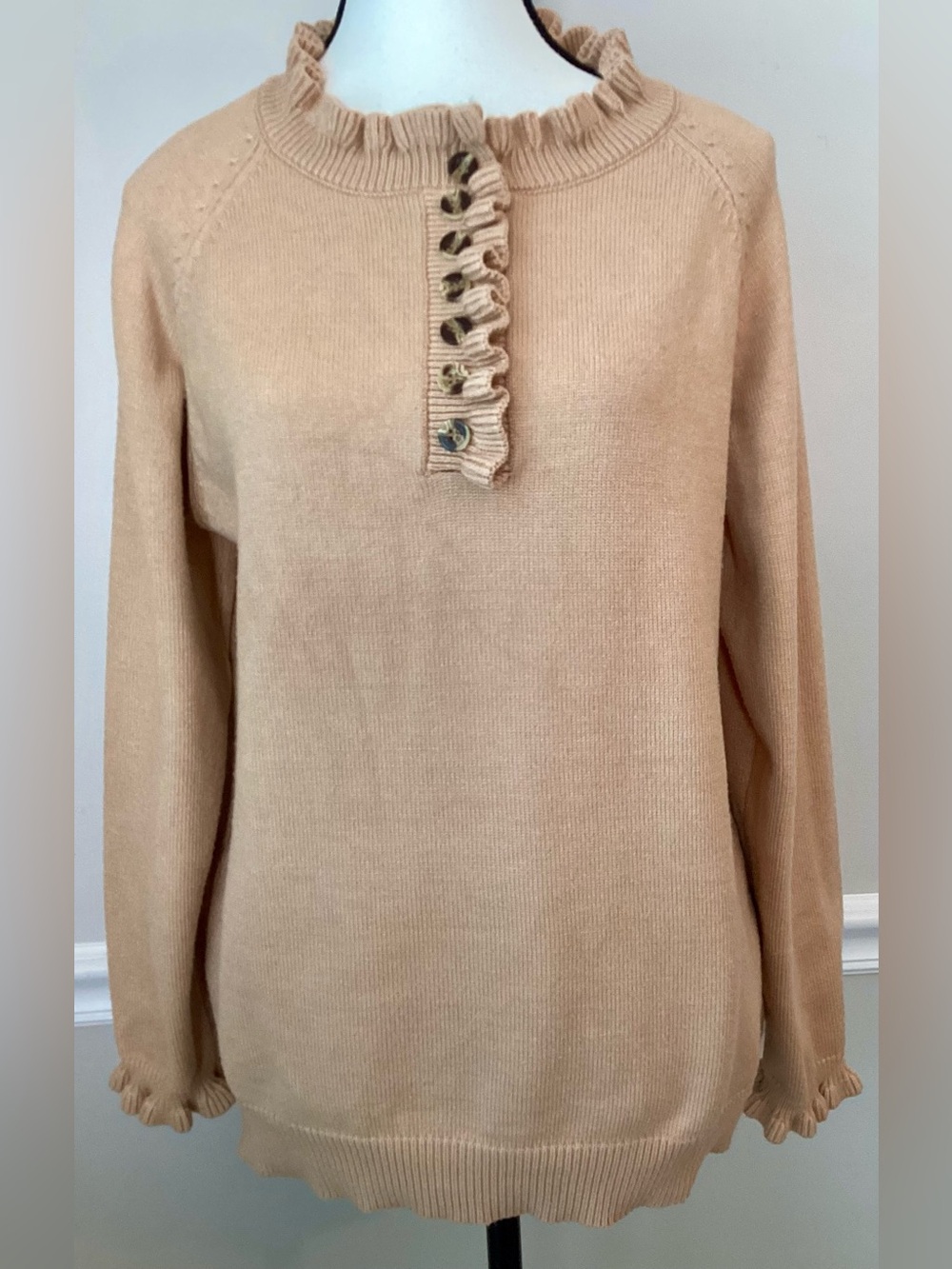 BTFBM Tan Brown Sweater with Ruffle Neckline & Wrists Size 8 Medium Cottagecore